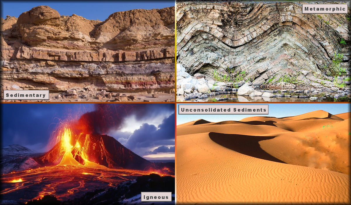 Rocks including sedimentary, metamorphic, igneous, and unconsolidated sediments.